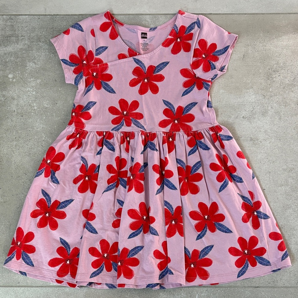 Tea Collection Pink Dress with Red Floral Design
